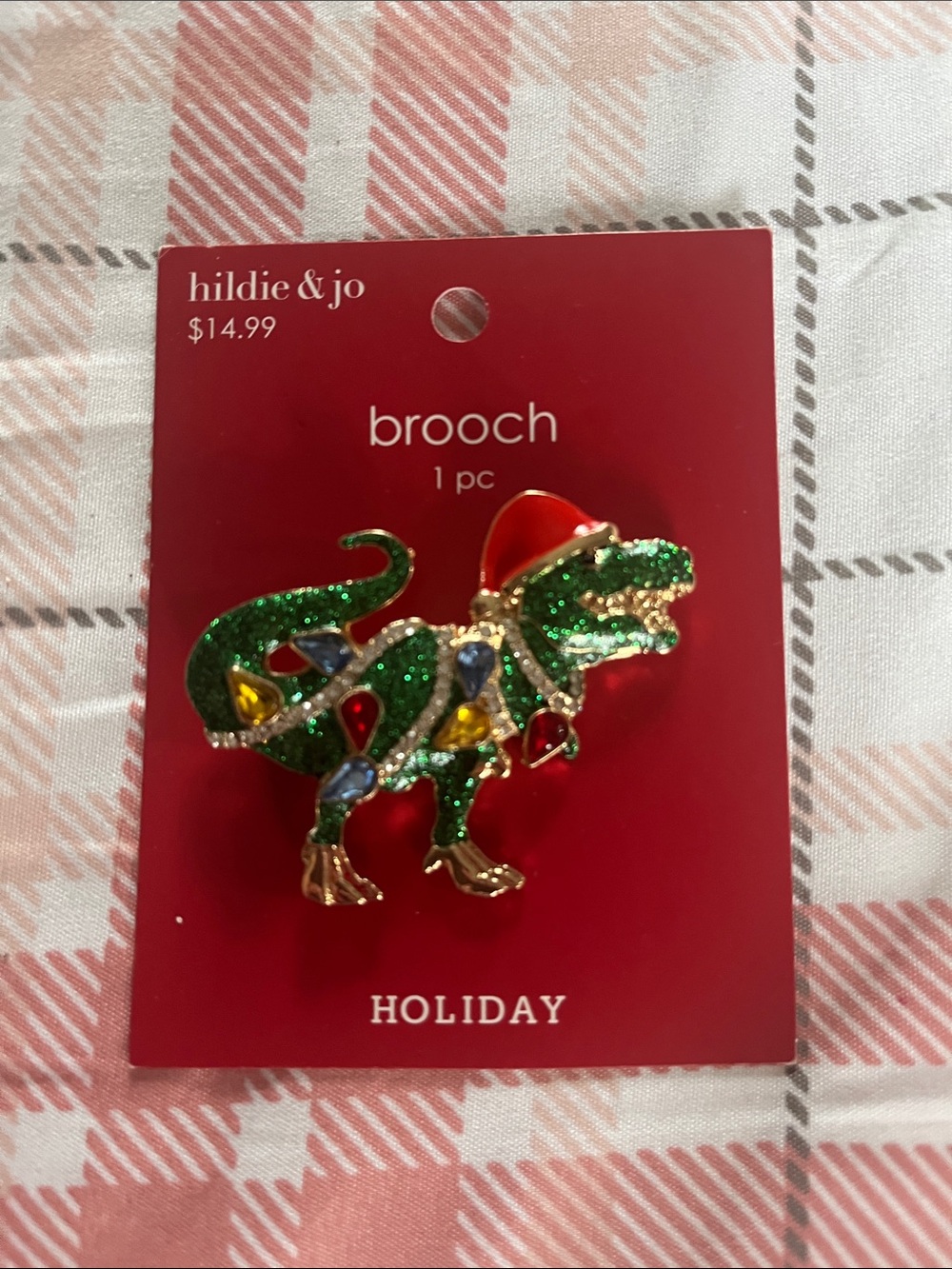 hildie & jo Green Holiday Dinosaur Brooch with Multicolor Accents